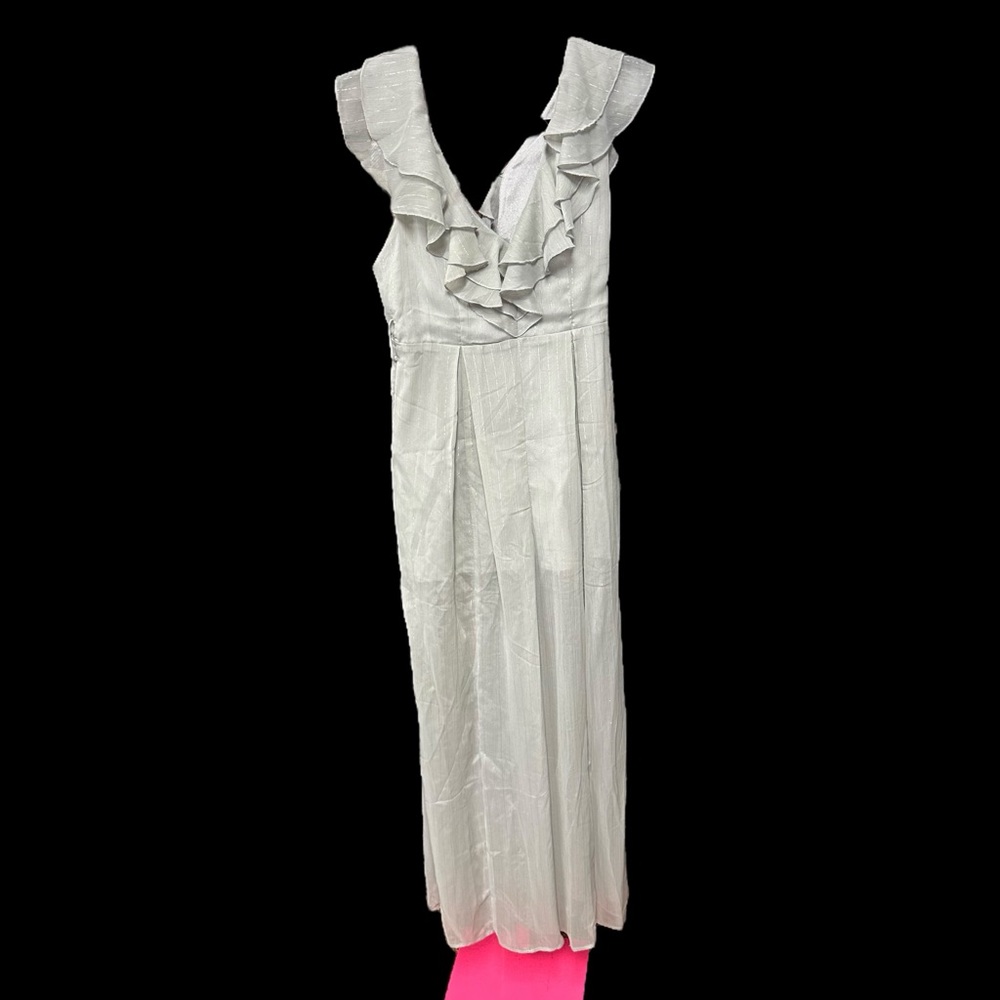 favlux wide leg romper ruffle front metallic silver pinstripes gray sleeveless